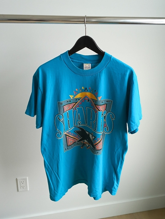 Competitor Other - Vintage 90s San Jose Sharks Fiesta NHL T-Shirt Single Stitch Large Teal 1994